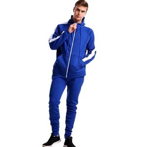 Survêtement décontracté 2 pièces personnalisable pour hommes, ensemble de logos brodés en tissu polaire à rayures et coupe régulière avec capuche zippée de grande taille - Product Image 1