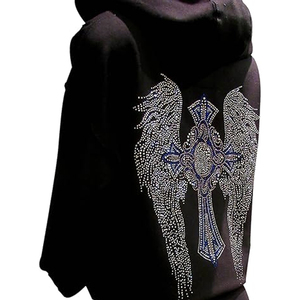 Sweat-shirt à capuche noir pour homme avec imprimé ailes d'ange en strass au dos, décontracté, tricoté, coupe classique, automne - Product Image 3
