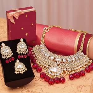Kundan Beads Semi-<b>Bridal</b> Necklace <b>Set</b> with Earrings-Gemstone Fine <b>Jewelry</b> Gift - Product Image 2