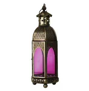 Farol de cristal morado marroquí antiguo de acero inoxidable hecho a mano, resistente al calor, con diseño de celosía recortada para colgar. - Product Image 1
