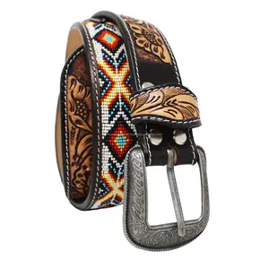 Cinturón de vaquero occidental de cuero genuino de calidad superior con diseño de cuentas tallado a mano