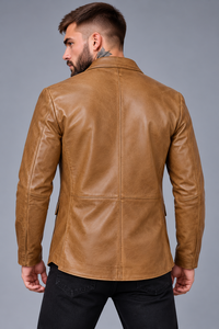 <b>Men</b> Premium Tan Brown Genuine <b>Leather</b> <b>Blazer</b> Single Breasted Two Button Closure Notch Lapel Collar Slim Fit Business Casual - Product Image 3