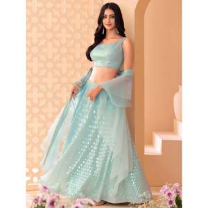 Robe de soirée bleu ciel brodée en georgette, Lehenga Choli pour réception - Product Image 5