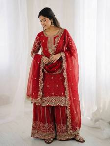 Costume traditionnel indien pakistanais pour femmes, brodé, avec dupatta, coupe ample, longueur au sol, tenue de mariage - Product Image 4