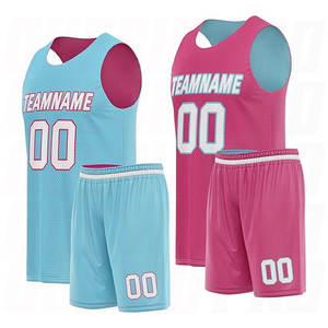 Uniforme de basket-ball en mesh personnalisé par sublimation, respirant, séchage rapide, rose, bleu et blanc, maillot et short de basket-ball réversibles - Product Image 1