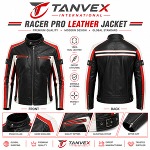 TANVEX <b>Racer</b> Pro Men's Winter Leather Jacket Black Red White Stand Collar Eco-Friendly Customized Fabric Moto Biker Style Zipper - Product Image 1