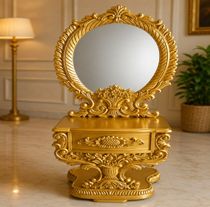 Teak finish wooden carved <b>dressing</b> <b>table</b> with a large oval mirror and spacious drawers, available at wholesale prices. - Product Image 5