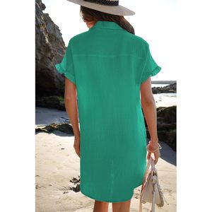 Robe chemise en coton pour femmes 2025, décontractée, été, plage, à porter par-dessus, avec manches bouffantes et poches - Product Image 6