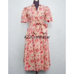 Robe midi florale en coton 100% écologique pour femmes Kangura, col en V, manches courtes, décoration boutonnée, robe de bureau pour femmes, été - Product Image 3