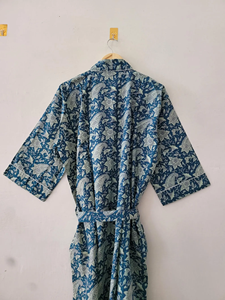 Flock Printed Indigo Knitted Cotton Kimono Robe Artisanal Floral Jaipuri Print Casual Loungewear Breathable Summer <b>Dressing</b> <b>Gown</b> - Product Image 4