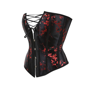 Corsé bustier de satén negro con estampado floral para mujer, con detalles de cordones y cierre de gancho frontal, moldeador de cintura - Product Image 2