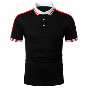 เสื้อเชิ้ตแขนสั้นสีดำสำหรับผู้ชาย แต่งขอบสีแดงและสีขาว ทรงลำลอง ผ้าถักเนื้อแน่น กระดุมผ่าหน้า ปกเสื้อแบบปกติ - Product Image 1