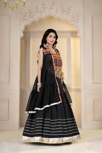 Black Geometric Embroidered Cotton Vintage Floor-Length <b>Lehenga</b> Choli Dress Traditional Sleeveless Square Neck <b>Top</b> Flared Volume - Product Image 5