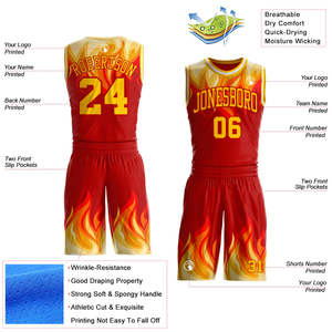 Ensemble d'uniformes de basketball personnalisés jaune et rouge tendance en polyester recyclé, maillot et short d'équipe en maille antibactérienne par sublimation OEM - Product Image 2