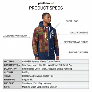 Men's Heavyweight <b>Full</b> <b>Zip</b> <b>Hoodie</b> 400GSM Cotton Reverse Weave Jacquard Patchwork Streetwear Custom OEM - Product Image 5