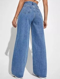 Pantalones Vaqueros Rectos de Estilo Japonés para Mujer, Otoño, Color Azul Lavado, Cintura Media, Botones Elásticos, Venta al Por Mayor - Product Image 2