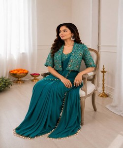 Elegant Teal Silk <b>Saree</b> <b>With</b> Embroidered <b>Jacket</b> Women's Ready To Wear Indian Wedding Party Ethnic Wear Regular Fit 82846 BB-59 - Product Image 2