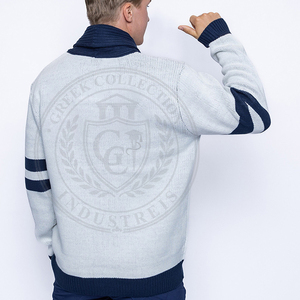 Cardigan en acrylique gris clair pour homme, bordure marine, manches longues, broderie grecque, pull pour homme, tenue scolaire/universitaire - Product Image 3