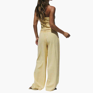 Women's Summer Yellow Cotton Striped Strapless Crop <b>Top</b> and Wide Leg Pants Set Loose Fit Casual Two Piece Loungewear Women's Set - Product Image 4