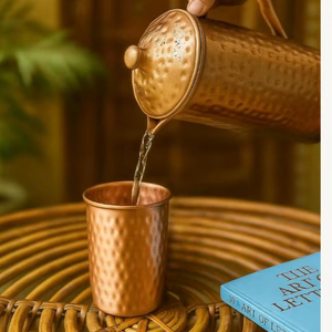 Copper jug set for home decor photography prop use <b>water</b> serving metal set with <b>glasses</b> durable reusable kitchen dining - Product Image 1