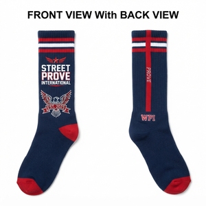 ถุงเท้าผู้ชายพรีเมียม ผ้าฝ้ายหวีอย่างดี 280 GSM แห้งเร็ว พิมพ์ลายดิจิทัล สีดำส้ม ลายบล็อกสี ปักลายเชนีล - Product Image 4
