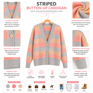Cardigan en tricot rayé Cosh International à manches longues, col en V, boutonné devant, haut décontracté, couleur bonbon, toutes saisons - Product Image 6