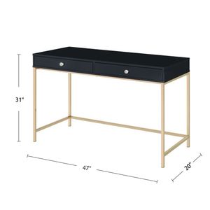 Black High Gloss Rectangular Writing <b>Desk</b> with 2 Drawers and Gold Accents Stylish Computer <b>Desk</b> - Product Image 3