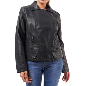Chaqueta de Motociclista de Cuero PU para Mujer, Manga Larga, Cierre de Cremallera, Color Sólido, Cuello Camisero, Estilo Otoñal - Product Image 1
