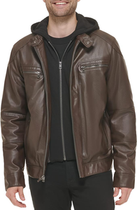 Hot Selling <b>Men's</b> Classic <b>Leather</b> <b>Jacket</b> with Removable Hood and Stand Collar OEM Canvas <b>jacket</b> for <b>men</b> - Product Image 4