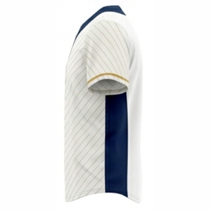 Camiseta de Béisbol Personalizada Unisex de Manga Corta, Blanca y Azul Oscuro, con Logotipo Sublimado, Absorbente de Humedad, Corte Regular, Cuello de Béisbol - Product Image 4