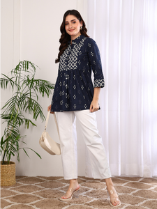 Cotton Geometric Print Short <b>Kurti</b> Blue & Ikat Printed A Line Kurta Collection Collared Neck Three Fourth Sleeve Women Clothing - Product Image 2