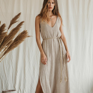 Vestido Maxi Boho Beige para Mujer, Vestido Halter de Verano, Vestido con Flecos de Algodón Crudo Ecológico, Vestido Maxi Romántico para Festival - Product Image 1