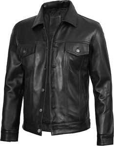 Men's Black Leather Shirt Full Sleeve Turn-<b>down</b> Collar Chest Pockets Single Breasted Moto Biker Style Autumn Wear - Product Image 3
