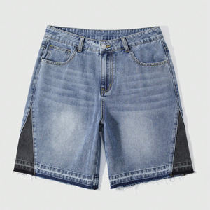 Pantalones Cortos de Mezclilla para Hombre, Diseño Personalizado con Paneles en Contraste, Lavado Claro, Dobladillo sin Rematar, Estilo Casual Urbano, Largura hasta la Rodilla, Algodón Orgánico, Tendencia de Verano - Product Image 1