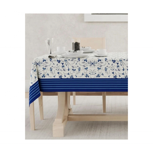 Mantel de mesa con estampado Floral de algodón teñido ecológico con borde azul 260 GSM, textura lavable suave, cubierta de mesa de comedor diaria certificada OEKO TEX - Product Image 1