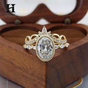 Ensemble de bagues de mariage de luxe à taille ovale, 2 pièces, avec bande de protection en forme de couronne entrelacée, en or jaune 10K 14K, bijoux personnalisés - Product Image 2