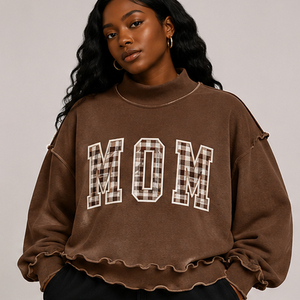 Women’s Heavyweight Loose Mockneck Sweatshirt Custom Gingham Plaid <b>Patchwork</b> Oversized Varsity <b>Tops</b> Winter Autumn Wear - Product Image 1