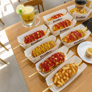 Custom Eco-Friendly Biodegradable Color Printing Rigid Boat Shaped Paper Food Waffle Tray for Burger Hot Dog Corn Dog <b>Box</b> - Product Image 5