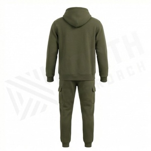 Men's Olive <b>Green</b> Hooded Tracksuit Full Zip Sweatshirt <b>Cargo</b> <b>Pants</b> Casual Solid Color 100% Cotton Autumn Wear - Product Image 2