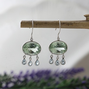 Boucles d'oreilles pendantes en argent sterling 925 avec améthyste verte et topaze bleue, pierres précieuses ovales, bijoux fantaisie, vente en gros - Product Image 3