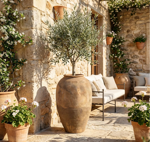 Grand vase de sol rustique fait main en terre cuite, finition émaillée, trou de drainage, poterie méditerranéenne Wabi Sabi pour jardin, extérieur, maison - Product Image 4