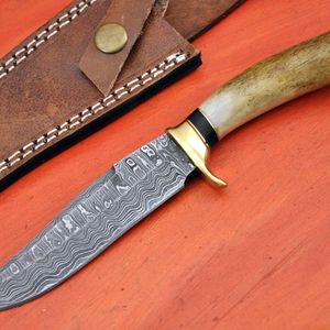 Damascus Steel Fixed Blade <b>Knife</b> Drop Point Hunting <b>Knife</b> With <b>Bone</b> <b>Handle</b> And Brass Guard - Product Image 2