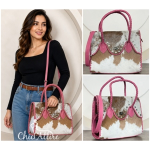 Designer Hair On Hide Genuine Leather Tote Bag Handmade Tooled Leather <b>Purse</b> with Twist & Turn Lock & Adjustable Shoulder Strap - Product Image 1