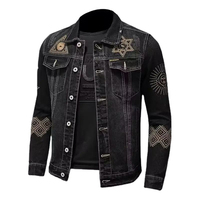 Blouson moto en jean noir pour homme, confortable, brodé, motif uni, coupe ajustée, col rabattu, style hiver