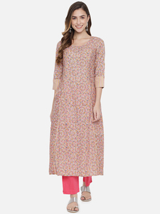 Ensemble Kurti en coton pour femme, imprimé à la main, manches trois quarts, coupe ample, longueur cheville, robe ethnique vintage, tenue décontractée - Product Image 2