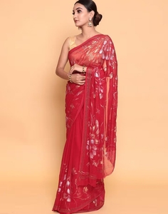 KV <b>Red</b> Colour Chinon Fabric Saree With Unstitched <b>Blouse</b> - Product Image 3