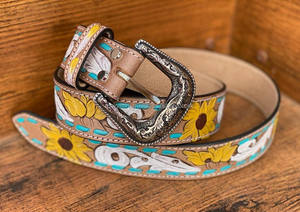 Personalized Customized Heavy Duty Western Hand <b>Tooled</b> Full Grain Genuine <b>Leather</b> Belt Sunflower Turquoise Stitch Men Women Belt - Product Image 2