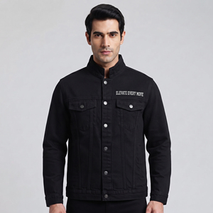 <b>Men's</b> Black Denim <b>Jacket</b> Mandarin Collar Embroidered <b>Lettering</b> Casual Outerwear Regular Fit Single Breasted Denim <b>Jackets</b> <b>Men</b> - Product Image 1