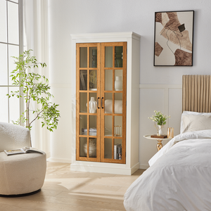 71.2 Meuble de rangement autoportant de style farmhouse avec porte vitrée, étagères réglables, vitrine fonctionnelle à treillis pour vaisselle - Product Image 5