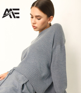 Vente en gros de pulls décontractés en tricot gris surdimensionnés pour femmes, personnalisables, avec pantalon à cordon de serrage, fabricant - Product Image 2